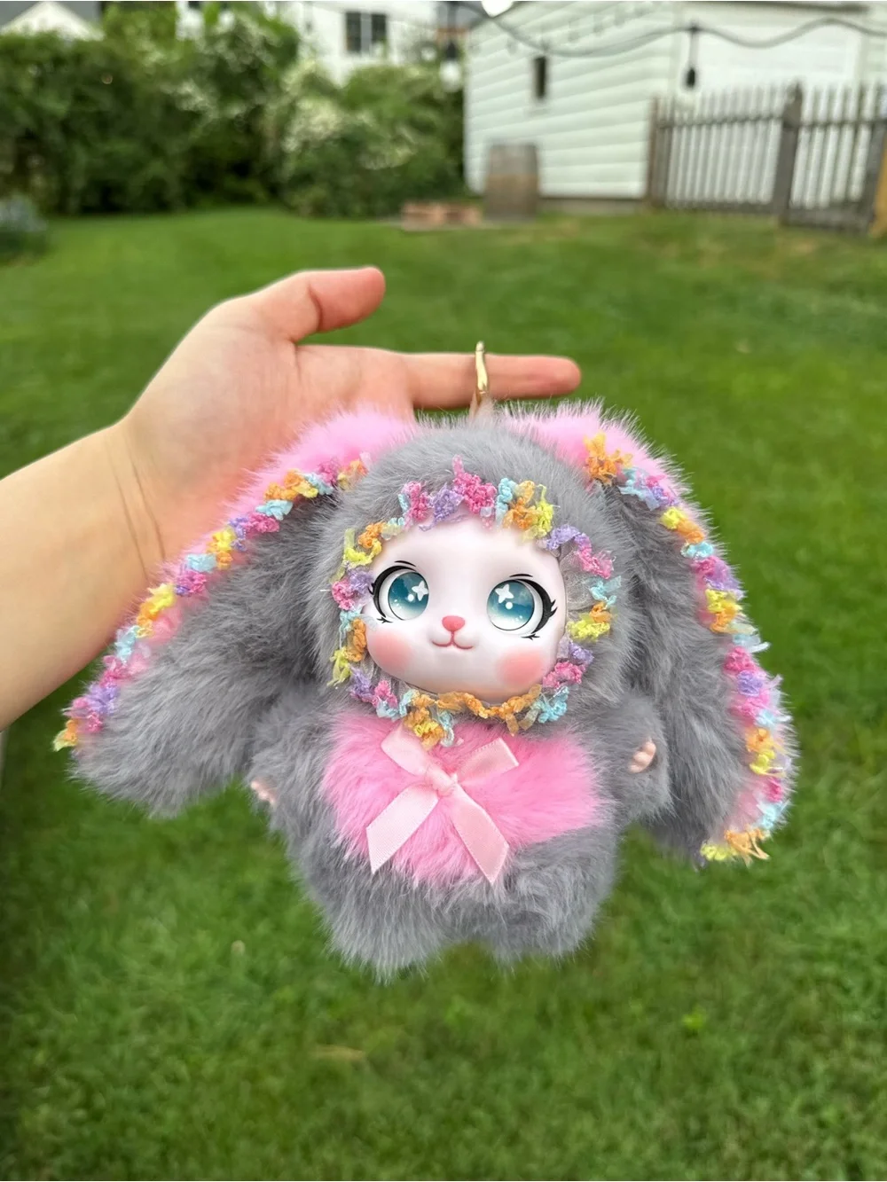 Plush Bunny Keychain-Baby Three Pink& Gray Cute Small Pet Accessory-Bag Charm
